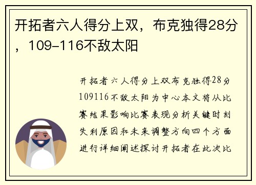 开拓者六人得分上双，布克独得28分，109-116不敌太阳